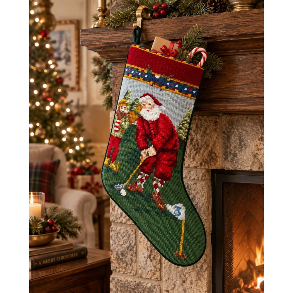 Unbranded Christmas Stocking Multicolor Golfing Santa Needlepoint Wool Velvet